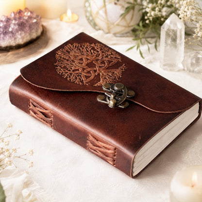 Tree of Life Soft Leather Journal – Handmade Pagan Grimoire Unlined Pages – leather journal, front cover view