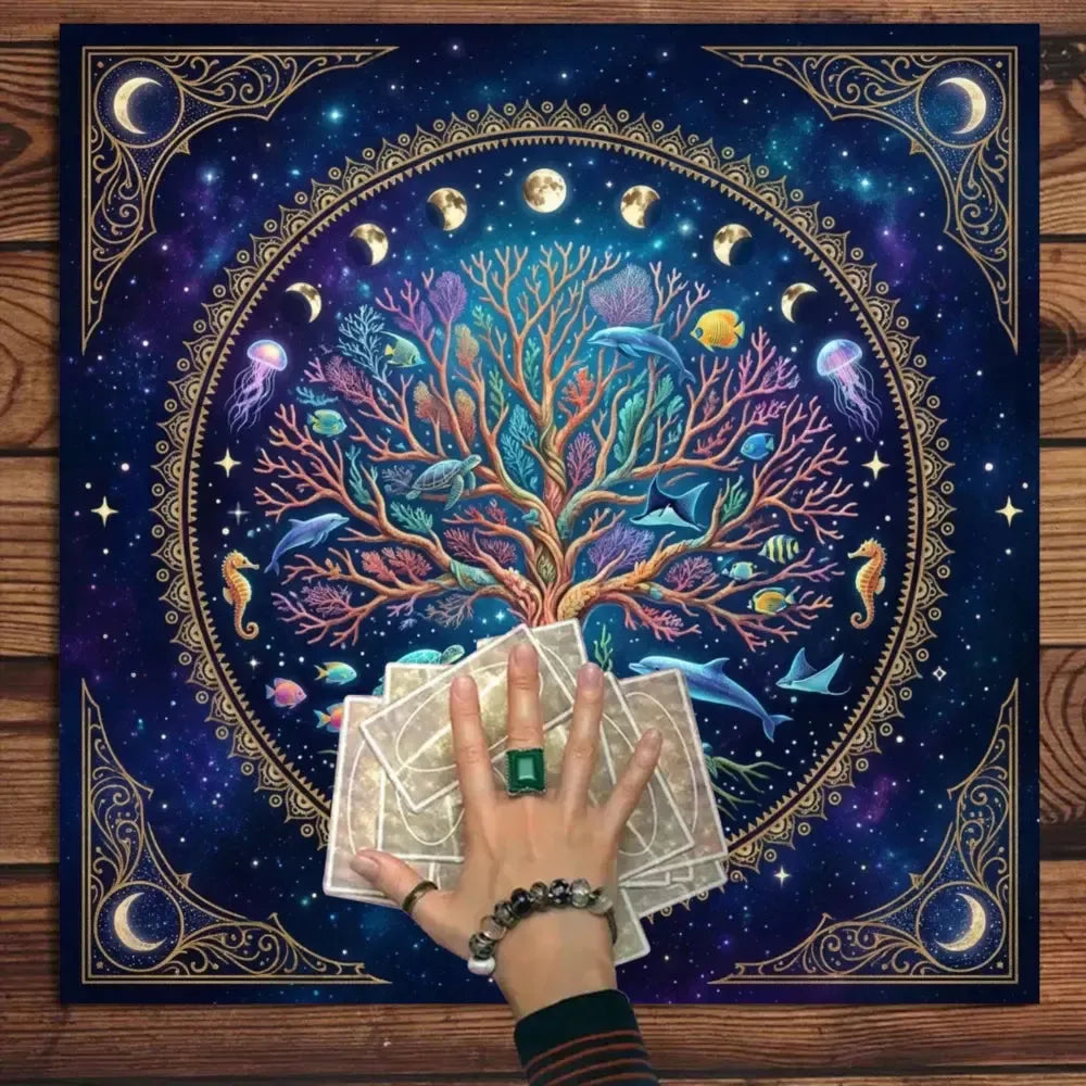 Marine blue world tree moon cycle altar cloth – witchy Wiccan tarot divination and crystal mat