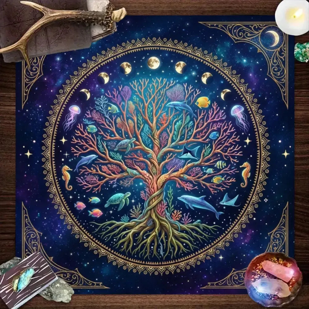 Tree of Life Starry Sky Altar Cloth dark blue with moon cycle – Wiccan tarot meditation ritual mat