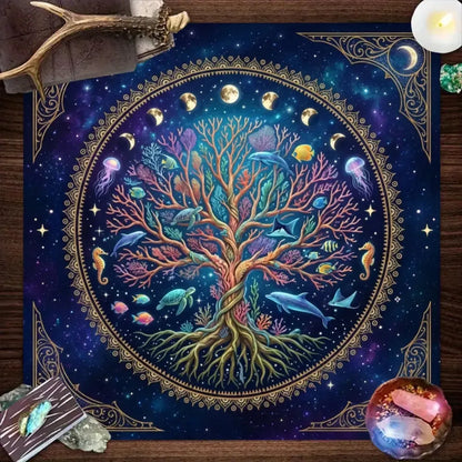 Tree of Life Starry Sky Altar Cloth dark blue with moon cycle – Wiccan tarot meditation ritual mat