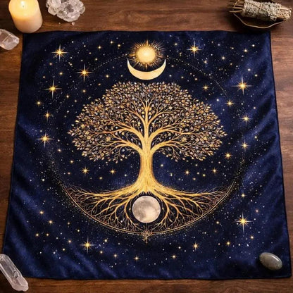 Tree of Life Sun Moon Tarot Altar Cloth, Celestial Divination Mat Boho Spiritual Tablecloth-MoonChildWorld