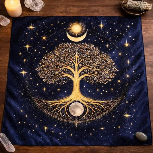 Tree of Life Sun Moon Tarot Altar Cloth, Celestial Divination Mat Boho Spiritual Tablecloth-MoonChildWorld