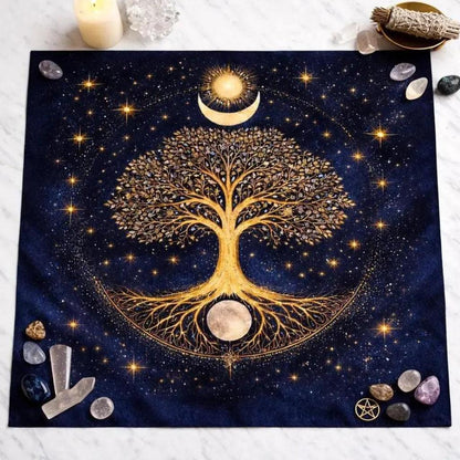 Tree of Life Sun Moon Tarot Altar Cloth, Celestial Divination Mat Boho Spiritual Tablecloth-MoonChildWorld