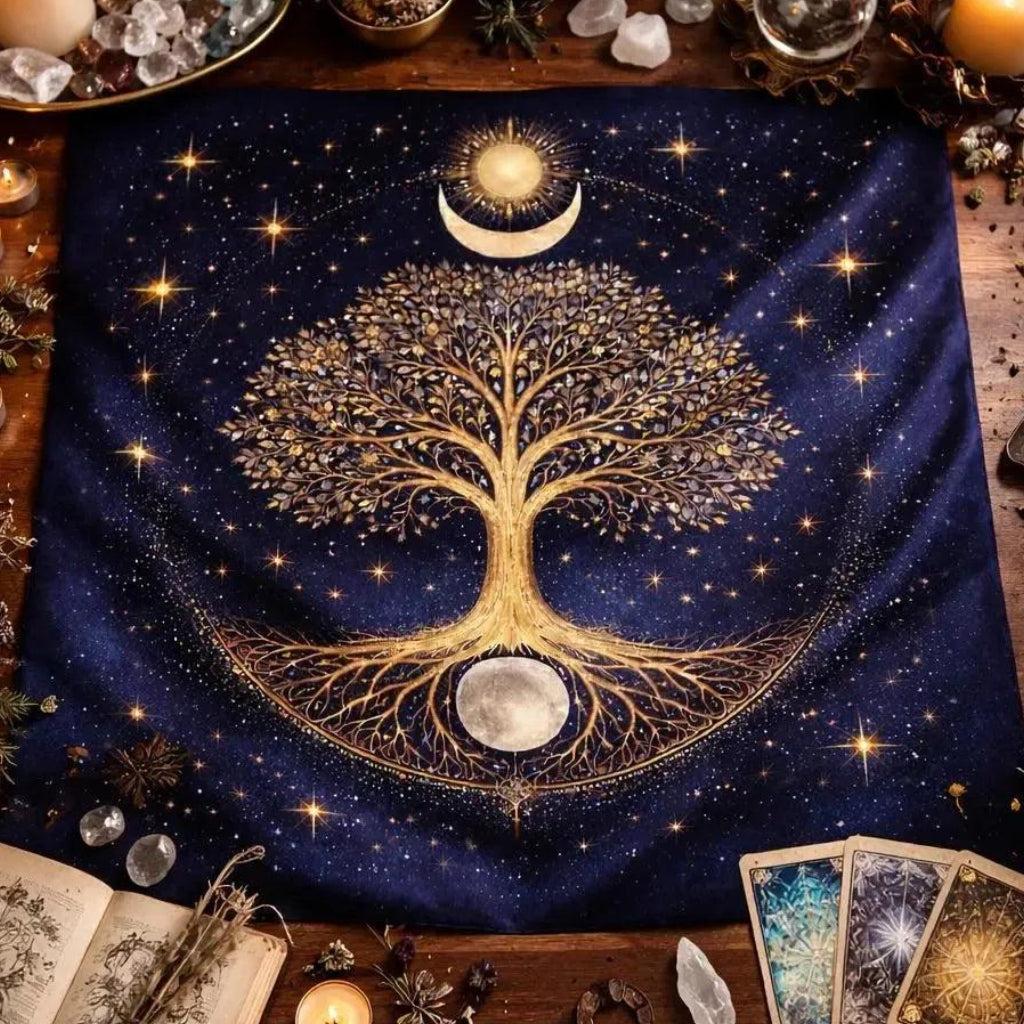 Tree of Life Sun Moon Tarot Altar Cloth, Celestial Divination Mat Boho Spiritual Tablecloth-MoonChildWorld