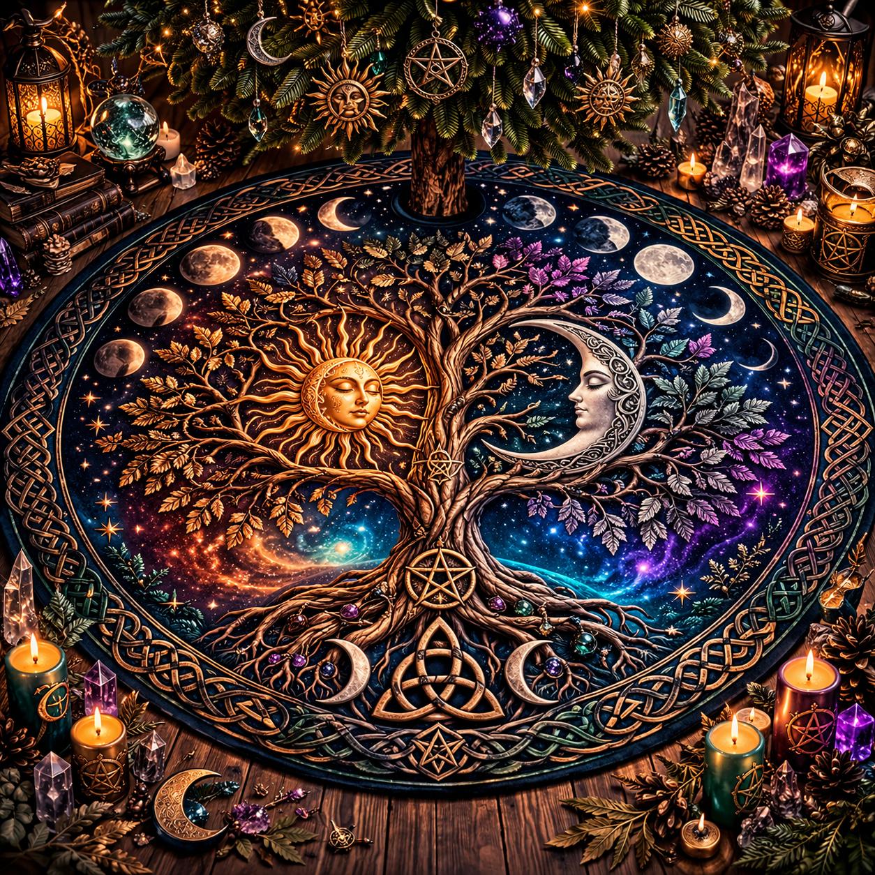 Gothic Pagan velvet tree skirt with golden sun, silver moon, Tree of Life, Celtic knot border, and moon phases.