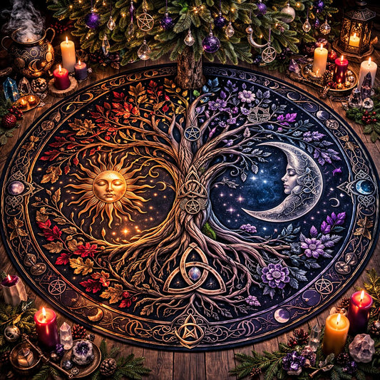 Gothic velvet Yule tree skirt with a vibrant Sun and Moon Tree of Life design, surrounded by candles and ornaments.