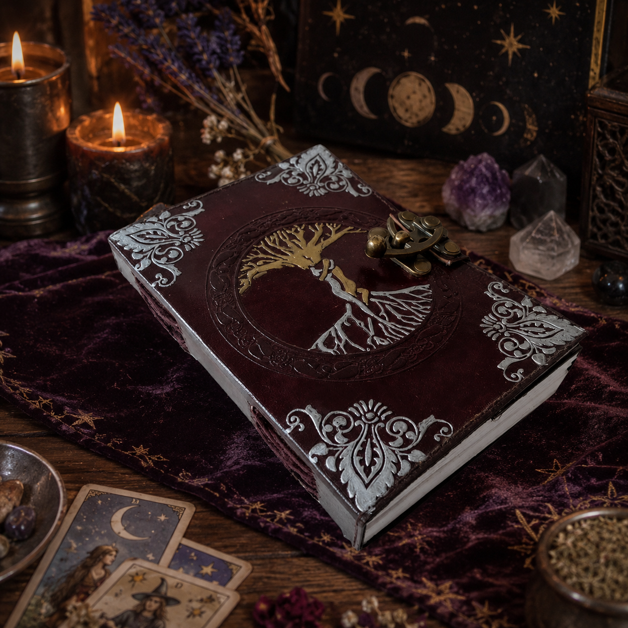 Tree of life tooled leather journal – handmade Pagan grimoire writing diary, artisan cover, view 2