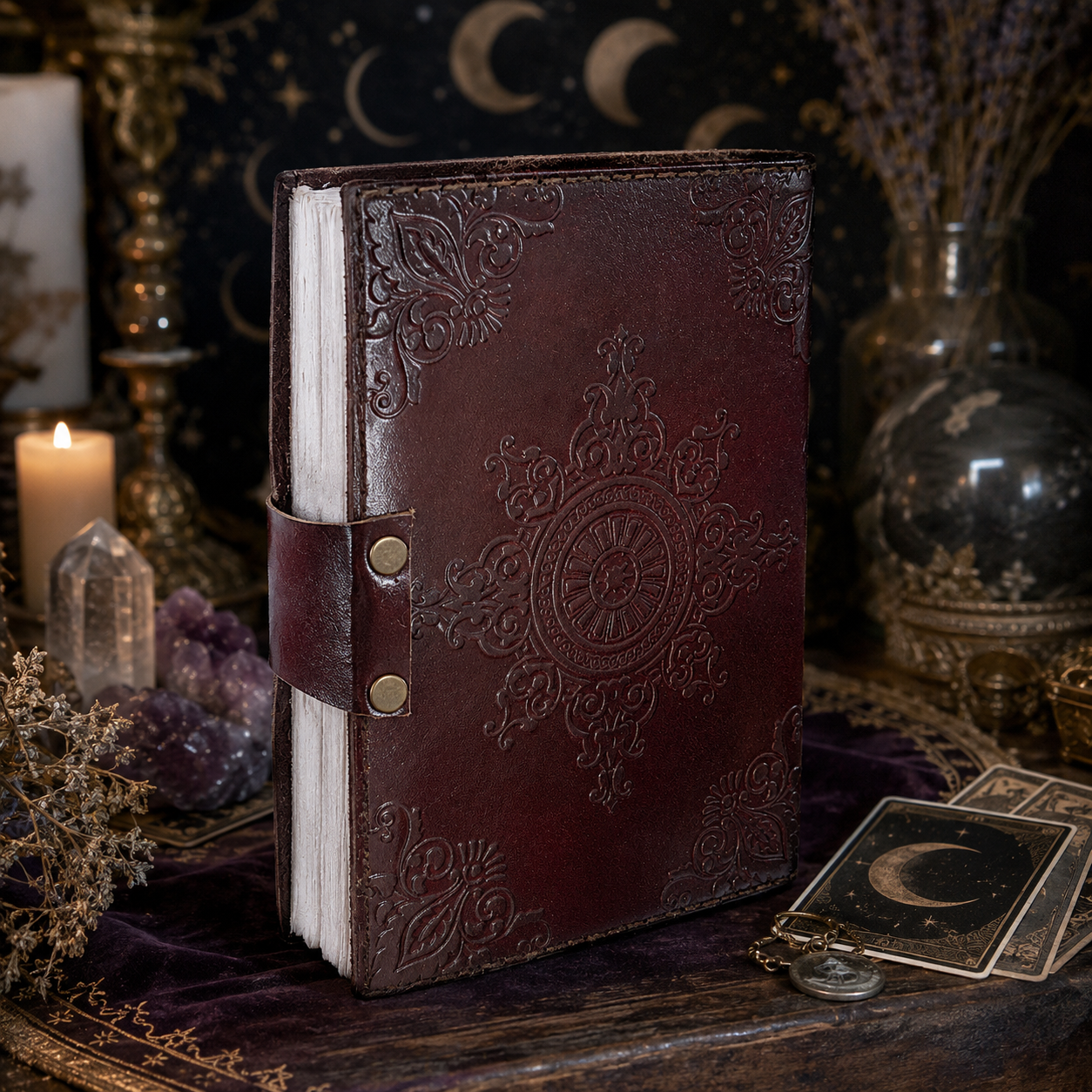 Tree of life tooled leather journal – handmade Pagan grimoire writing diary, artisan cover, view 3