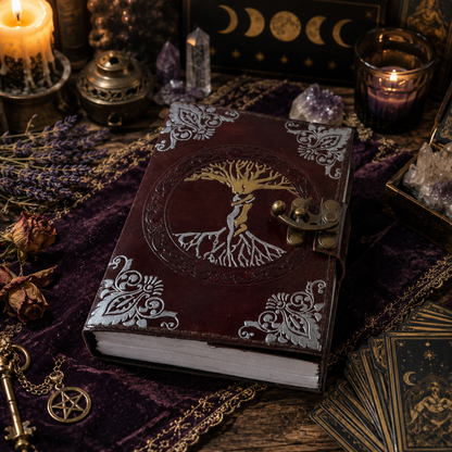 Tree of life tooled leather journal – handmade Pagan grimoire writing diary, artisan cover, view 4