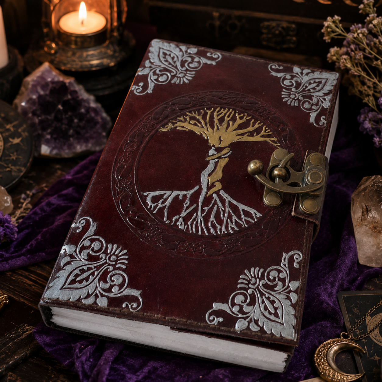 Tree of life tooled leather journal – handmade Pagan grimoire writing diary, artisan cover, view 1