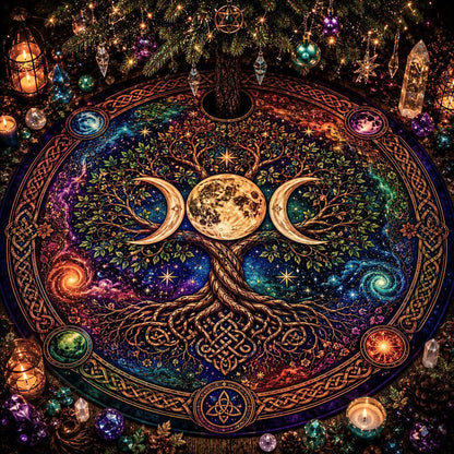 Decorative wicca yule tree skirt with a tree of life design, surrounded by candles and crystals.