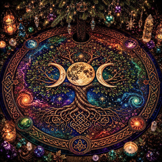 Decorative wicca yule tree skirt with a tree of life design, surrounded by candles and crystals.