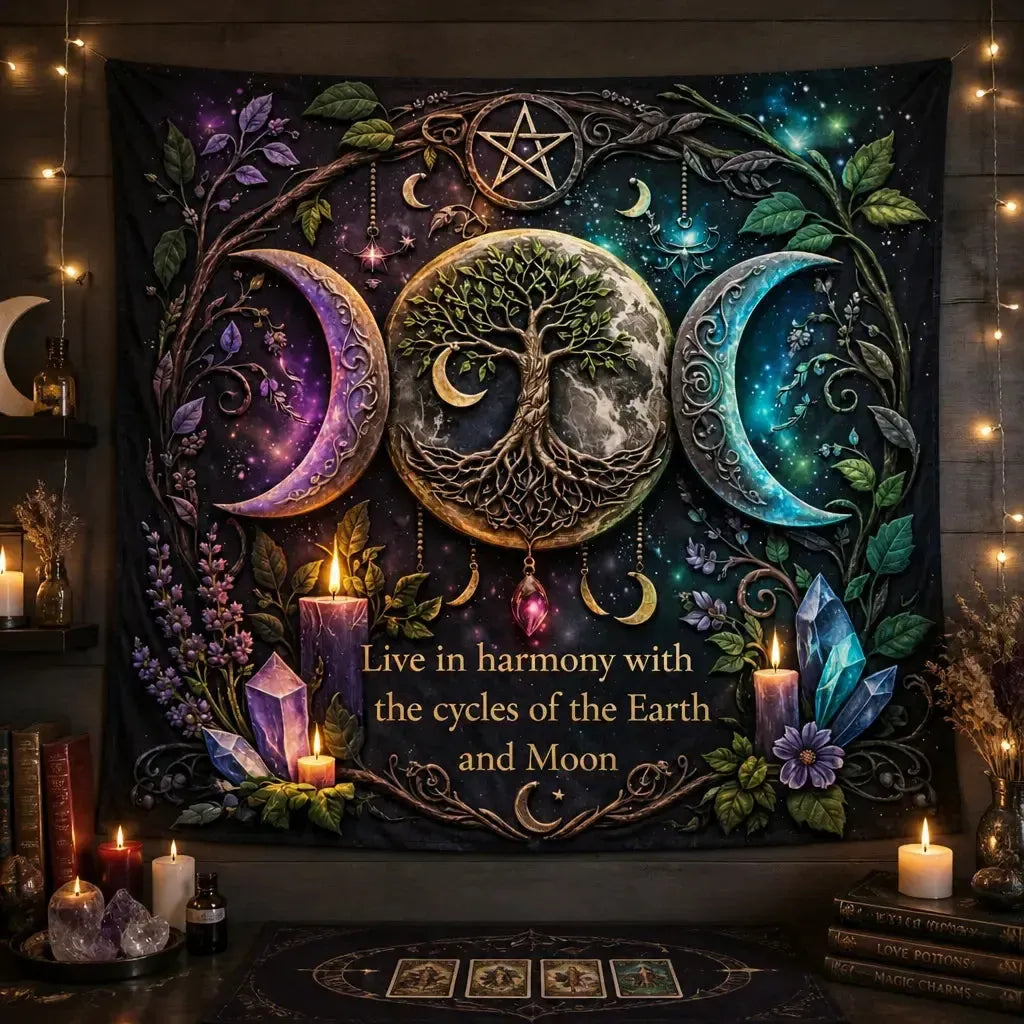 Tree of Life & Triple Moon Pagan Tapestry – Boho Wicca Wall Hanging_mockup_2.webp