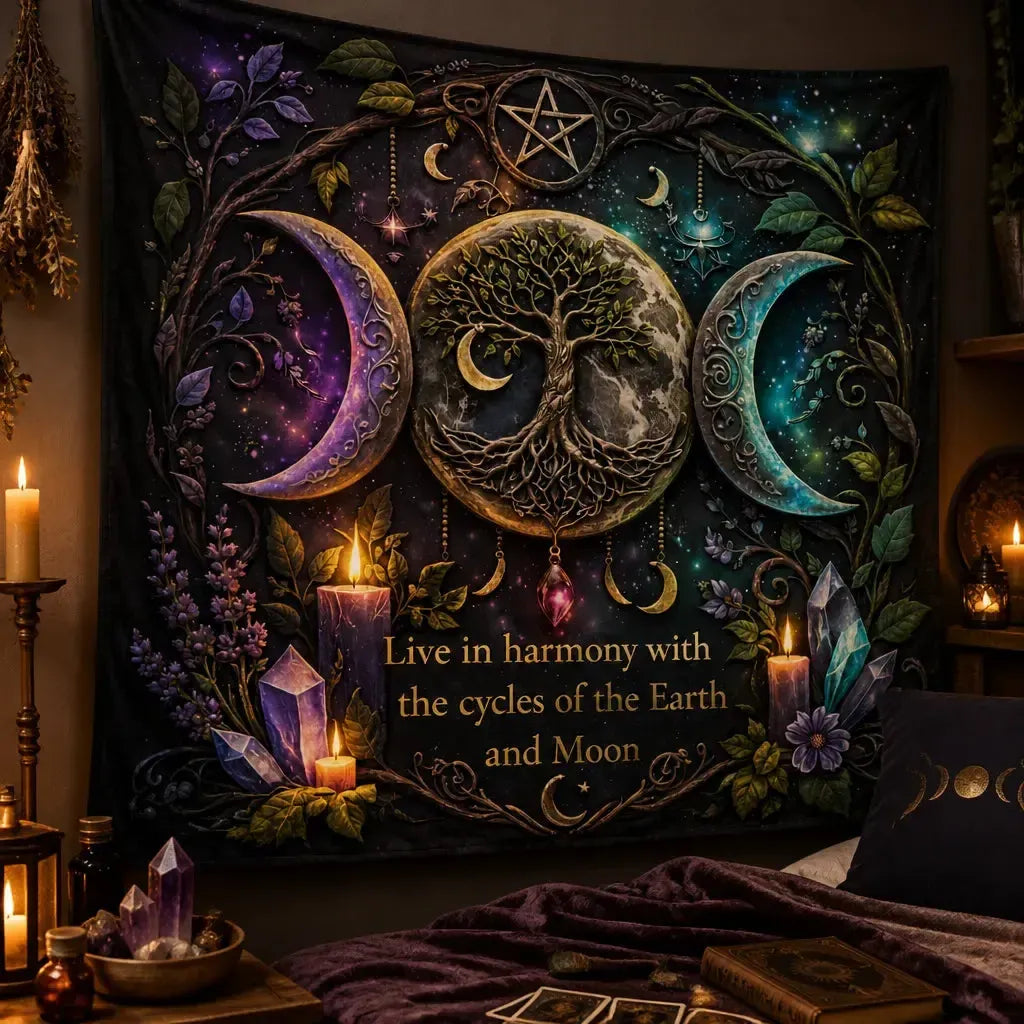 Tree of Life & Triple Moon Pagan Tapestry – Boho Wicca Wall Hanging_mockup_3.webp