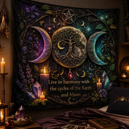 Tree of Life & Triple Moon Pagan Tapestry – Boho Wicca Wall Hanging_mockup_3.webp
