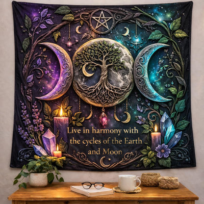 Purple and blue Tree of Life & Triple Moon pagan tapestry with "Live in harmony" text.