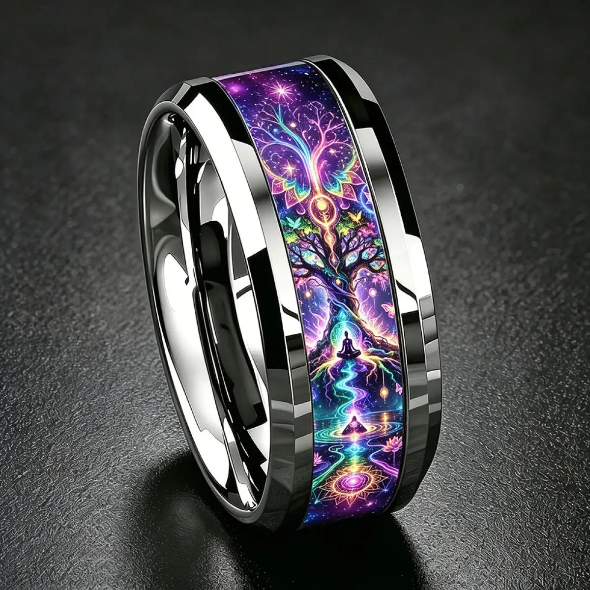 Neon tree of life ring close-up high polish stainless steel – yoga meditation spiritual jewellery