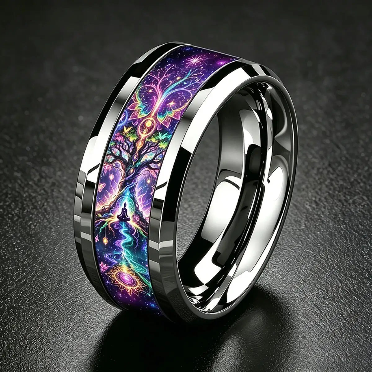 Tree of life yoga ring worn on hand – colourful neon Pagan spiritual meditation band jewellery