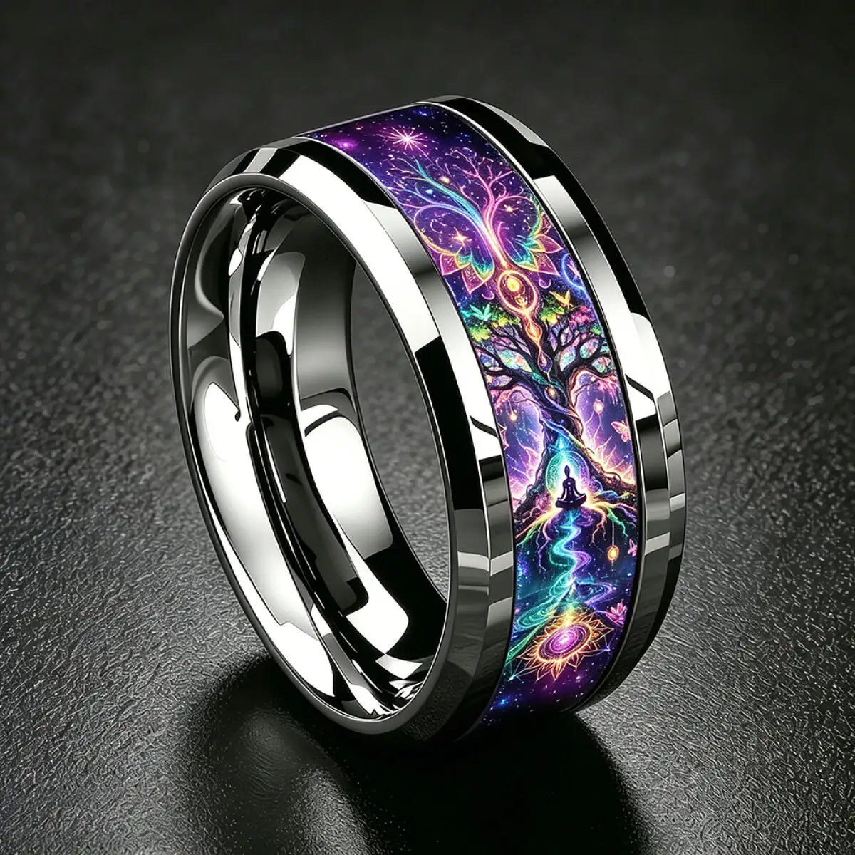 Neon yoga tree of life ring sizes 6-13 – stainless steel Wiccan Pagan mindfulness jewellery gift
