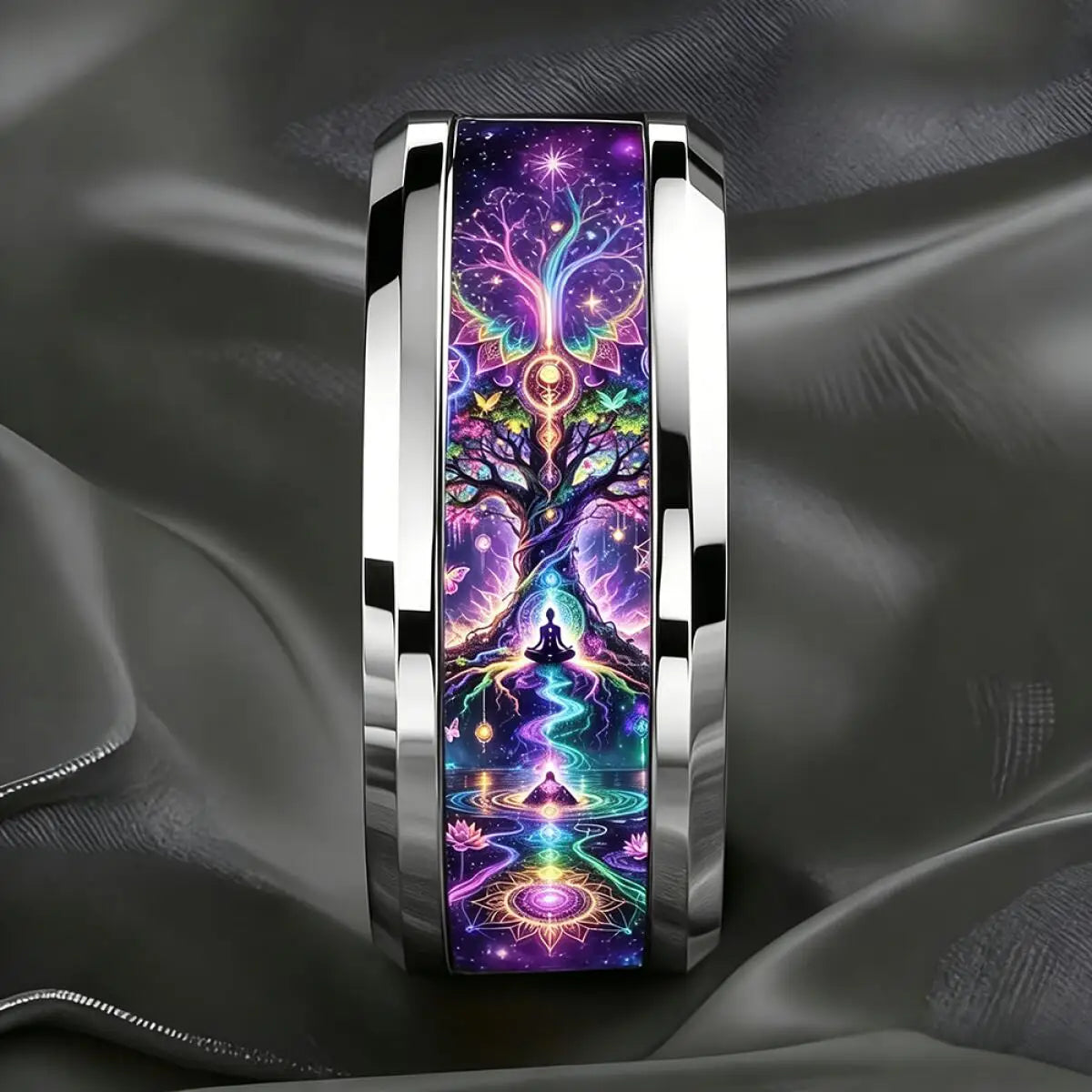 Tree of life meditation ring dark background – vibrant spiritual band ring for Pagan Wiccan practitioners