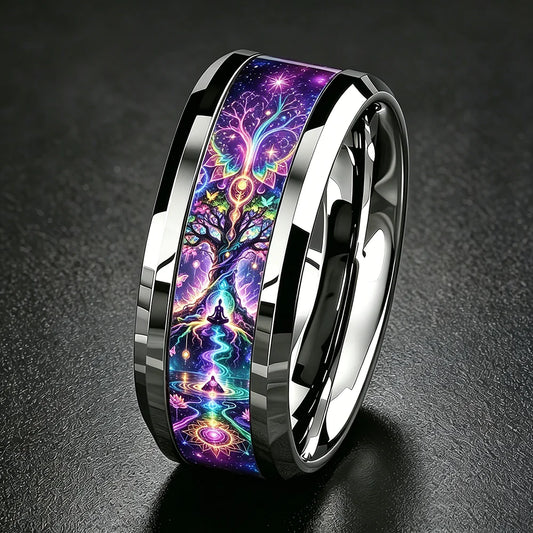 Tree of life yoga meditation ring neon pattern stainless steel – spiritual Pagan Wiccan band ring