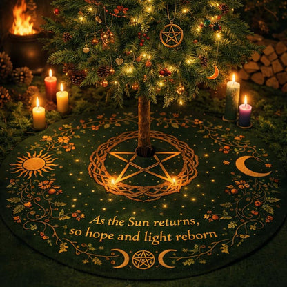Dark green velvet Yule tree skirt with golden pagan symbols, "As the Sun returns" text, and a central pentacle.