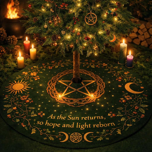 Dark green velvet Yule tree skirt with golden pagan symbols, "As the Sun returns" text, and a central pentacle.