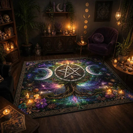 Tree of life Area Rug with Triple Moon, Pentagram – Wicca Pagan Carpet for Spiritual Decor_mockup_1.webp