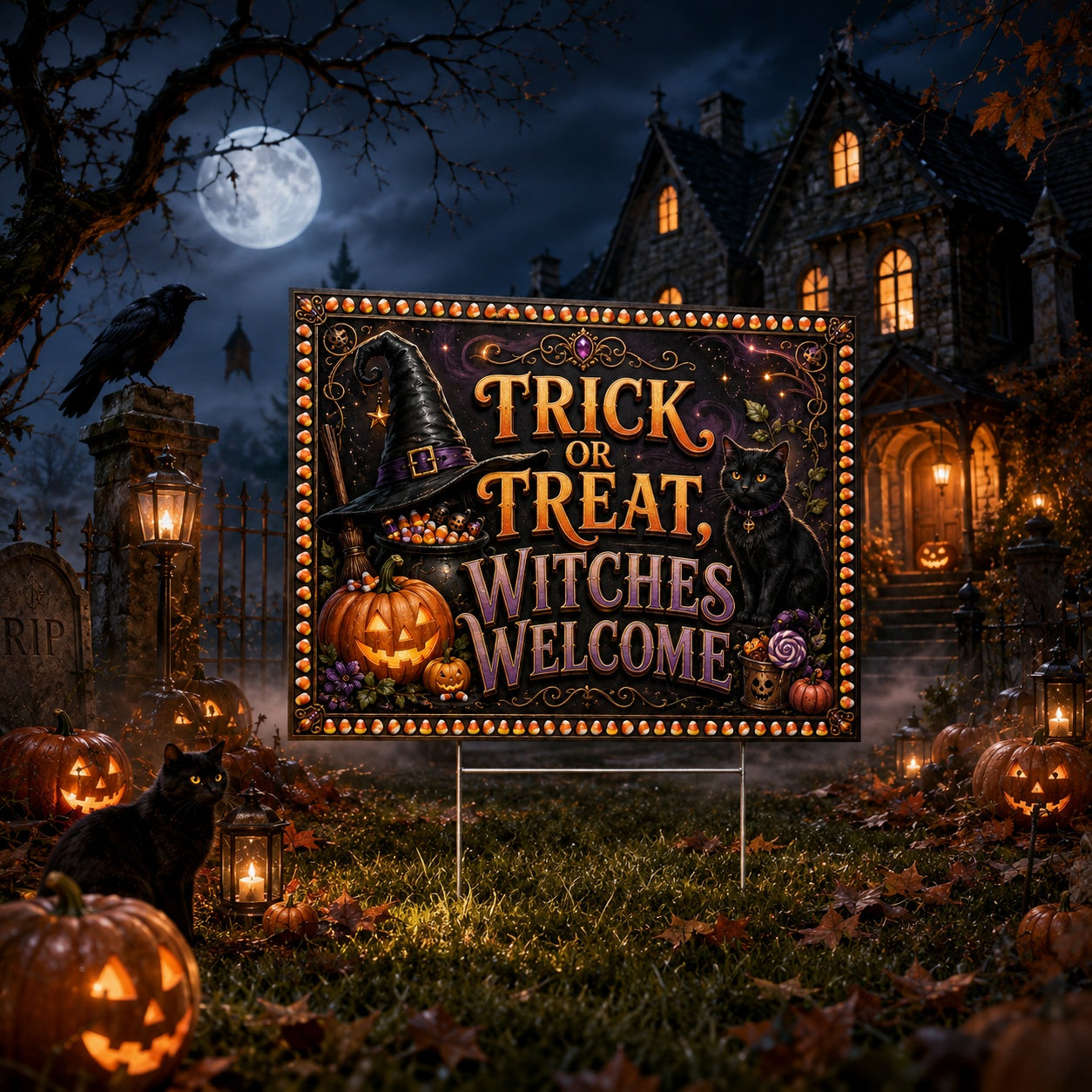 Trick or Treat, Witches Welcome Halloween Yard Sign - close up detail