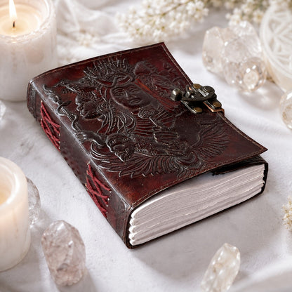 Triple Goddess Hecate Leather Journal – Handmade Wiccan Grimoire Unlined Cotton Pages – leather journal, back cover view