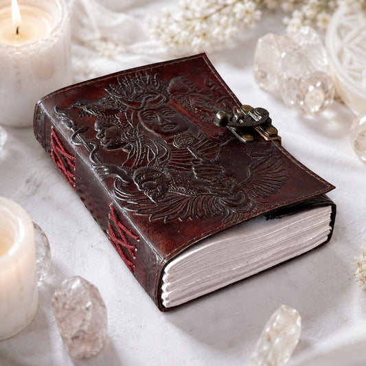 Triple Goddess Hecate Leather Journal – Handmade Wiccan Grimoire Unlined Cotton Pages – leather journal, back cover view
