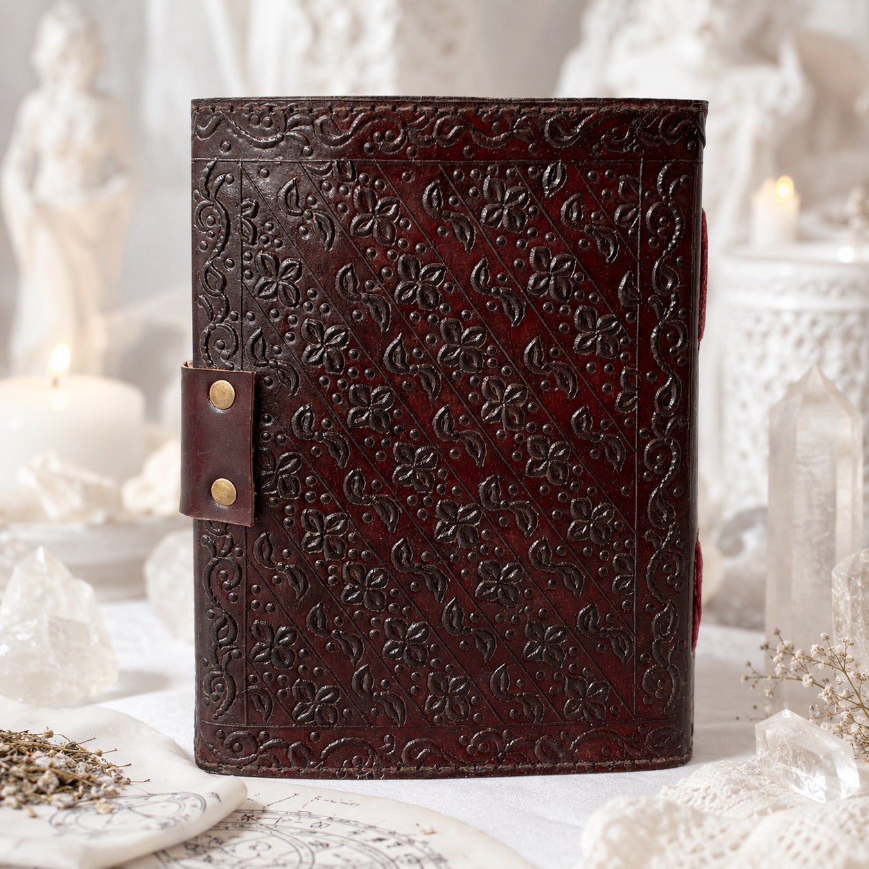 Triple Goddess Hecate Leather Journal – Handmade Wiccan Grimoire Unlined Cotton Pages – leather journal, open blank pages view