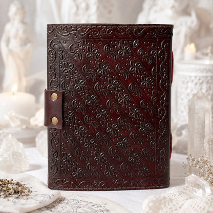 Triple Goddess Hecate Leather Journal – Handmade Wiccan Grimoire Unlined Cotton Pages – leather journal, open blank pages view