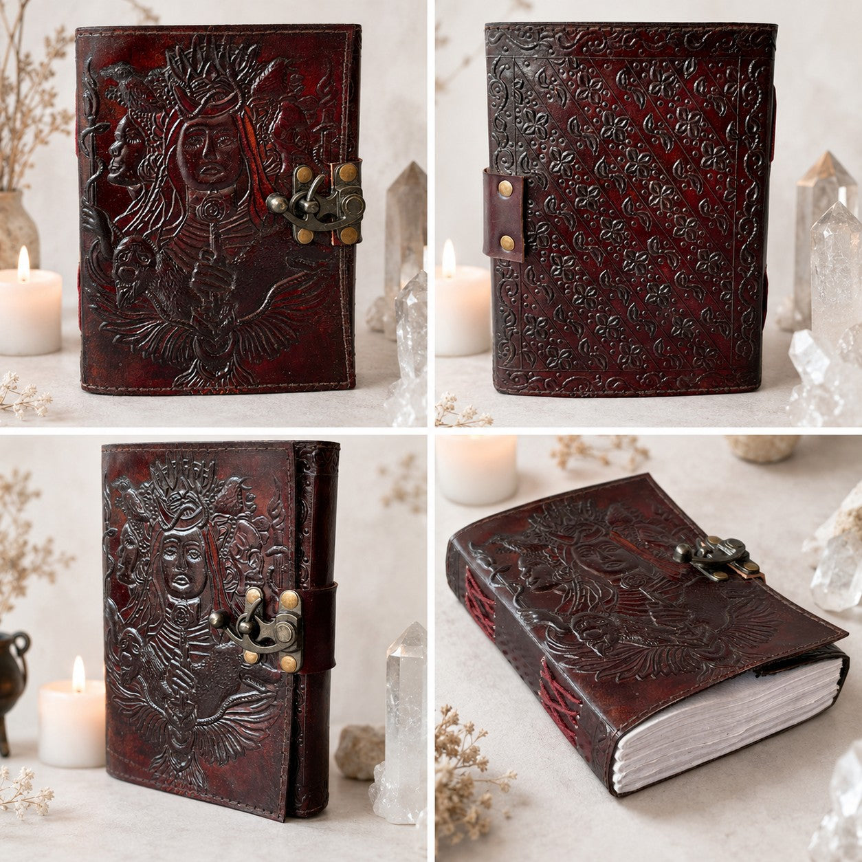 Triple Goddess Hecate Leather Journal – Handmade Wiccan Grimoire Unlined Cotton Pages – leather journal, close-up cover detail