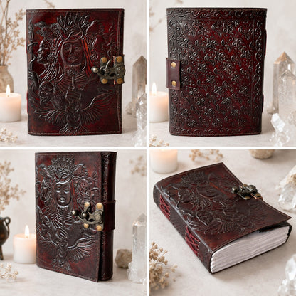 Triple Goddess Hecate Leather Journal – Handmade Wiccan Grimoire Unlined Cotton Pages – leather journal, close-up cover detail