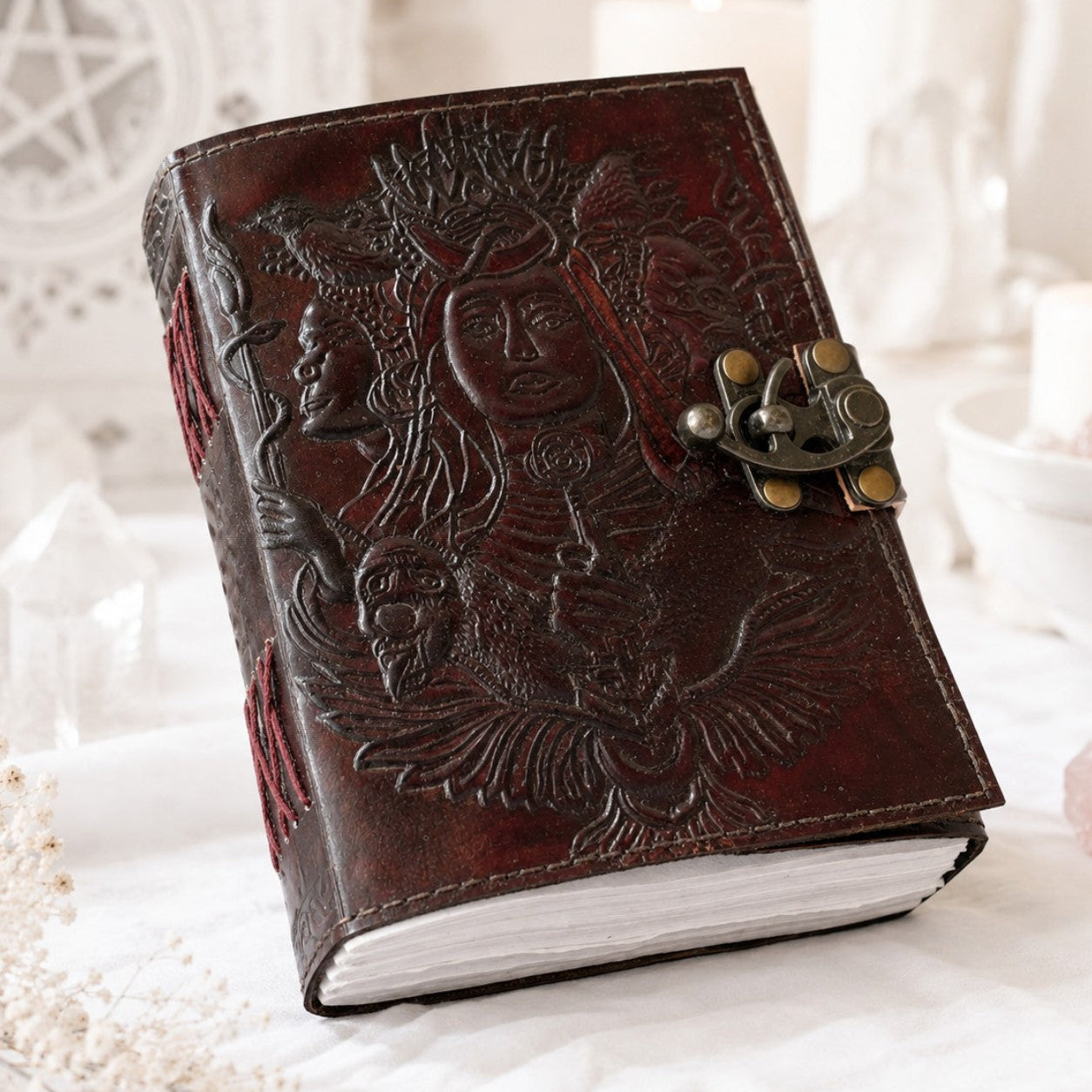 Triple Goddess Hecate Leather Journal – Handmade Wiccan Grimoire Unlined Cotton Pages – leather journal, front cover view