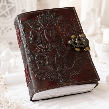 Triple Goddess Hecate Leather Journal – Handmade Wiccan Grimoire Unlined Cotton Pages – leather journal, front cover view