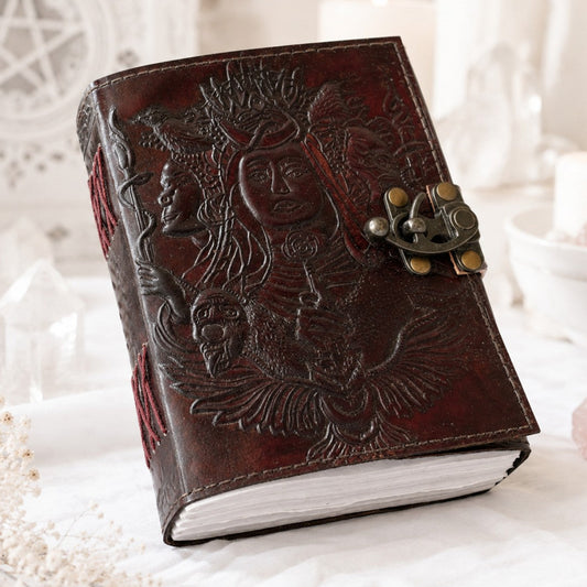 Triple Goddess Hecate Leather Journal – Handmade Wiccan Grimoire Unlined Cotton Pages – leather journal, front cover view