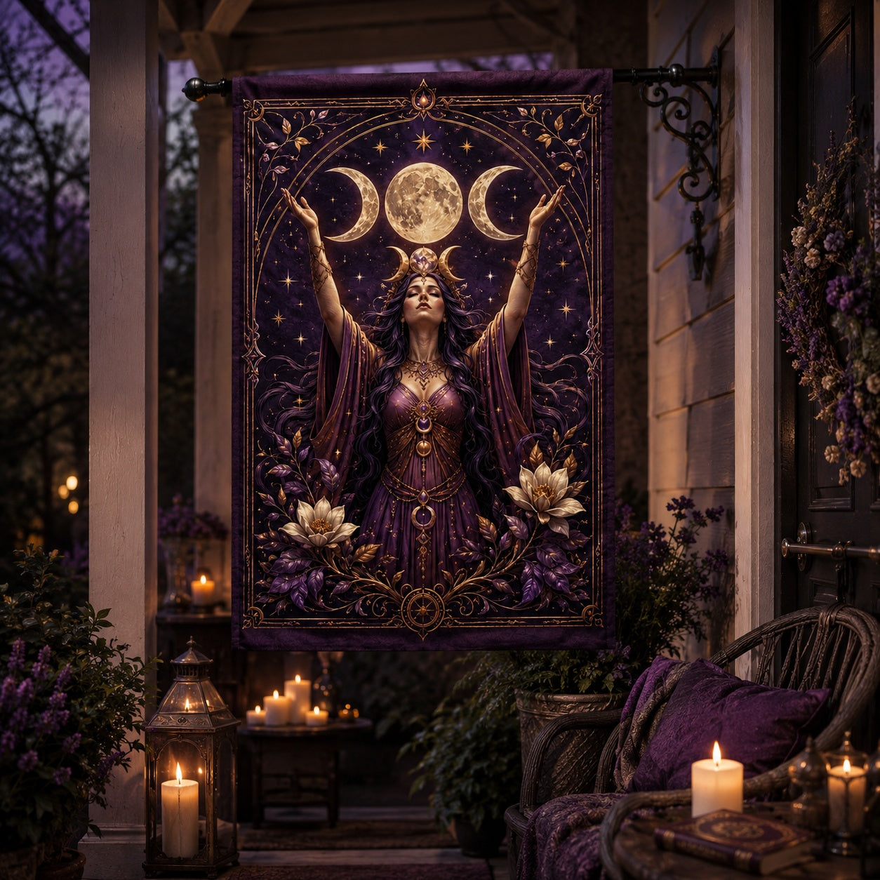 Close-up of Triple Goddess Moon house flag showing lunar goddess artwork