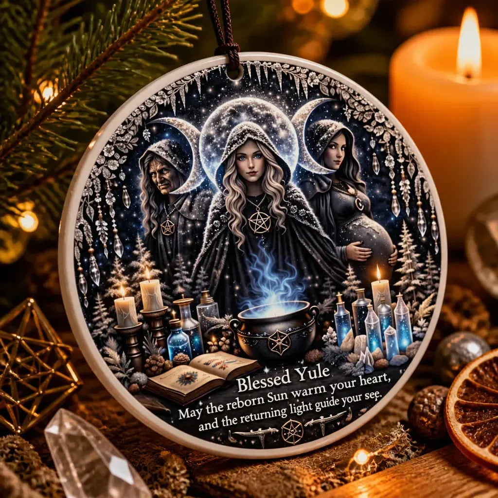 Triple Goddess Pagan Yule Ceramic Ornament – Wiccan Maiden Mother Crone Christmas Ornament_mockup_2.webp