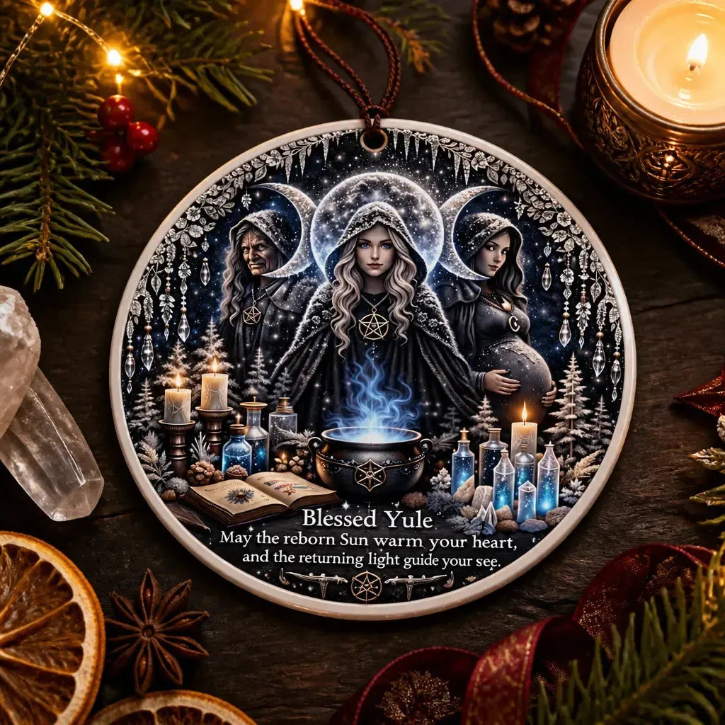 Triple Goddess Pagan Yule Ceramic Ornament – Wiccan Maiden Mother Crone Christmas Ornament_mockup_3.webp