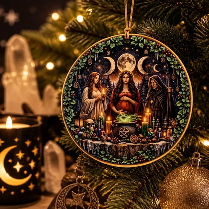 Triple Goddess Pagan Yule Ceramic Ornament with Triple Moon – Wiccan Christmas Home Decor_mockup_1.webp