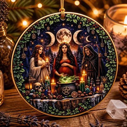 Triple Goddess Pagan Yule Ceramic Ornament with Triple Moon – Wiccan Christmas Home Decor_mockup_2.webp
