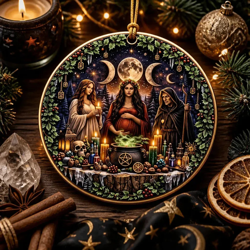 Triple Goddess Pagan Yule Ceramic Ornament with Triple Moon – Wiccan Christmas Home Decor_mockup_3.webp