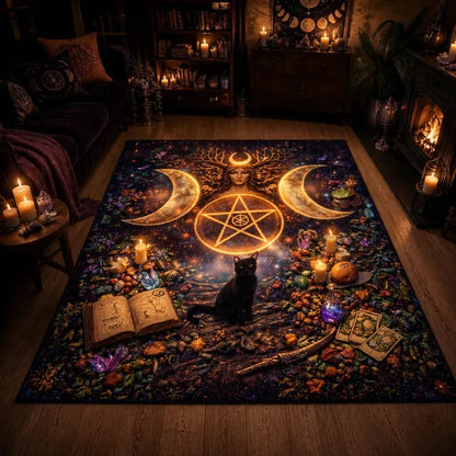 Triple Moon & Black Cat Area Rug – Witchy Carpet for Wicca Decor_mockup_1.webp