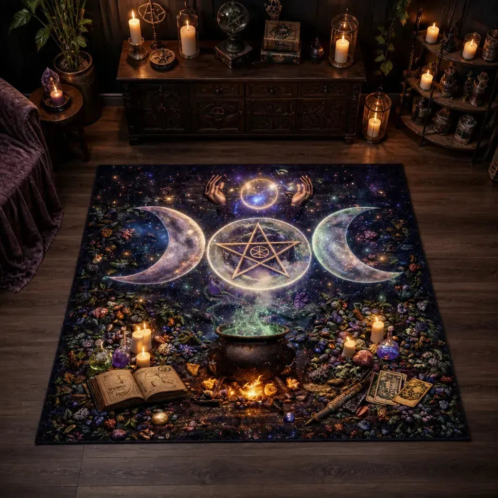Triple Moon & Black Cat Area Rug – Witchy Halloween Carpet for Wicca Decor_mockup_2.webp