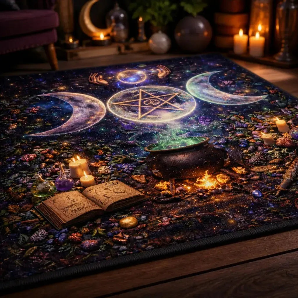 Triple Moon & Black Cat Area Rug – Witchy Halloween Carpet for Wicca Decor_mockup_3.webp