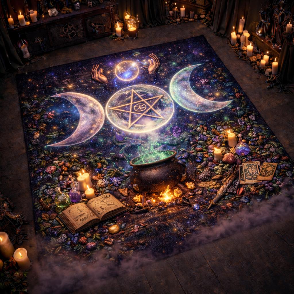 Triple Moon & Black Cat Area Rug – Witchy Halloween Carpet for Wicca Decor-MoonChildWorld