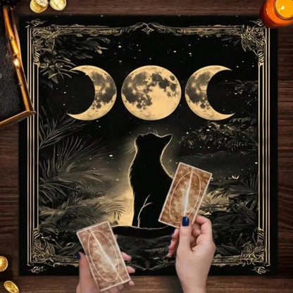 Triple Moon Black Cat Wicca Altar Cloth Witchy Tarot Tablecloth for Divination Wicca Decor-MoonChildWorld