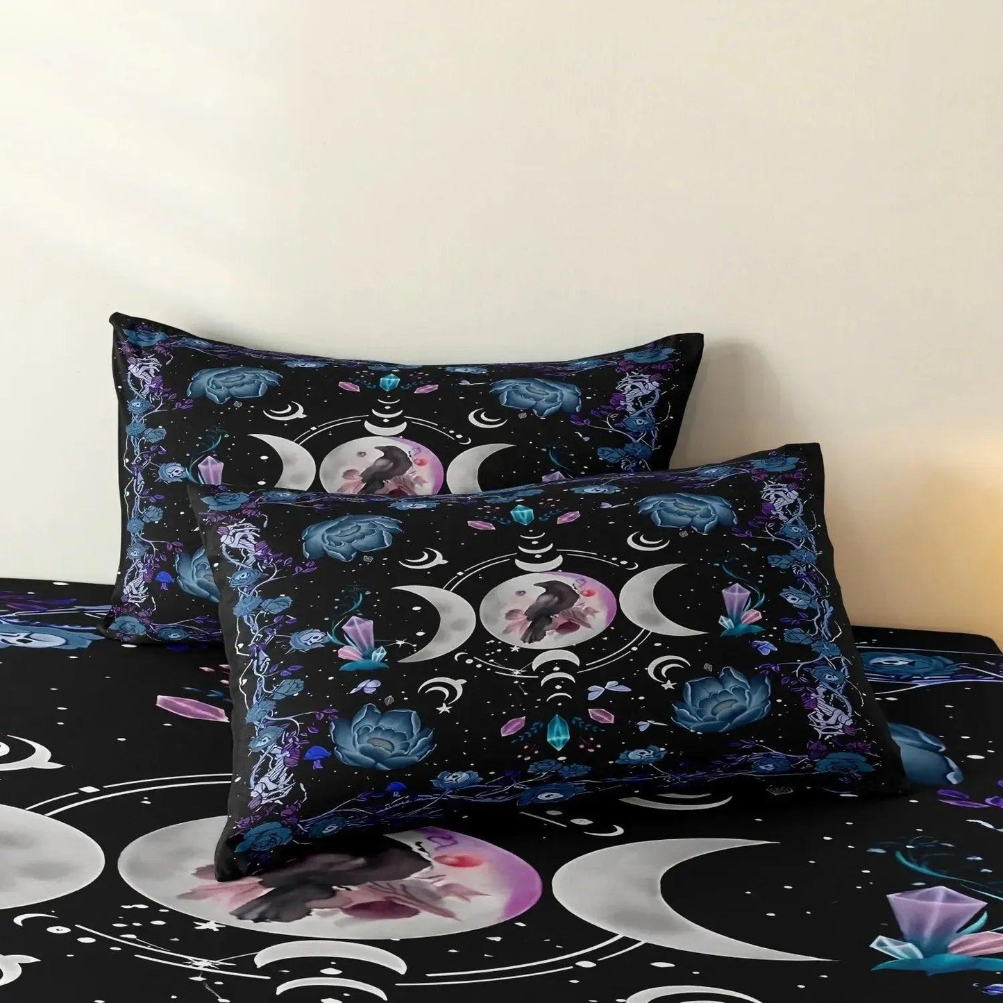 Triple Moon Black Raven Wicca Duvet Cover Set Wiccan Bedding Set Witchy Home Decor-MoonChildWorld